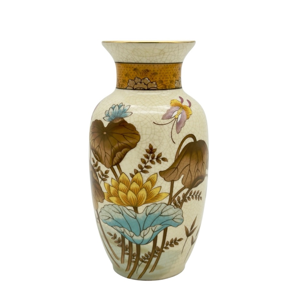 Vintage Crackle Glaze Vase Andrea by Sadek Porcelain Lotus Butterfly